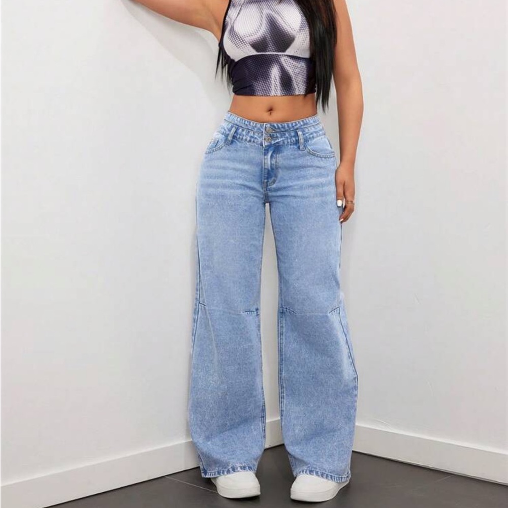 Women's High Waist Double Waistband Wide Leg Jeans, Washed